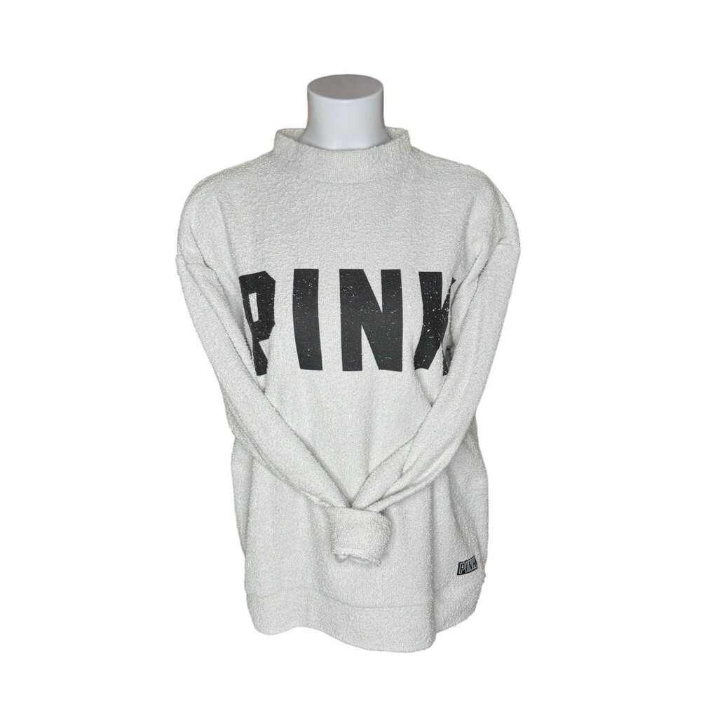 Victorias Secret Pink Terry Mock Neck Sweatshirt Light Grey Cozy Oversized XS